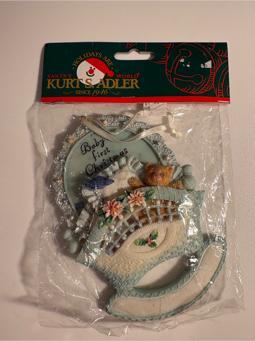 Kurt Adler Baby's First Christmas Rocking Horse Ornament - Light Blue and Beige